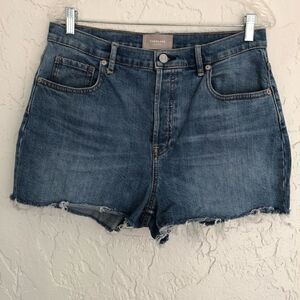 EVERLANE Cheeky Denim Jean Shorts Button Fly Pockets Distressed Fray Hem Size 31